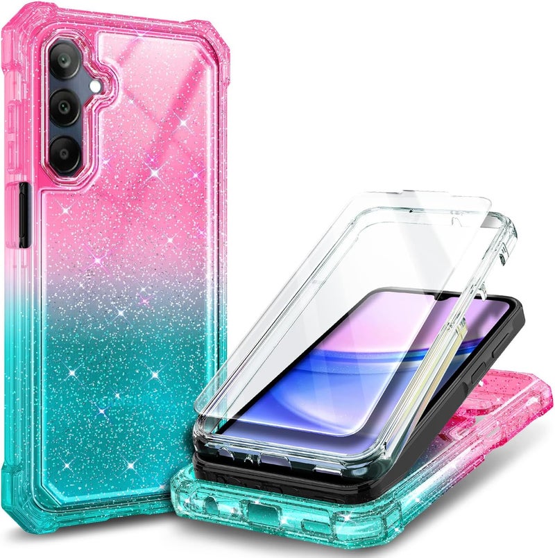 WDHD Compatible with Samsung Galaxy A15-5G Phone Case Glitter Pink/Aqua | Full-Body Protective Shockproof Bumper Cover with Tempered Glass Screen Protector, 12FT Military Grade Drop Tested - Image 1
